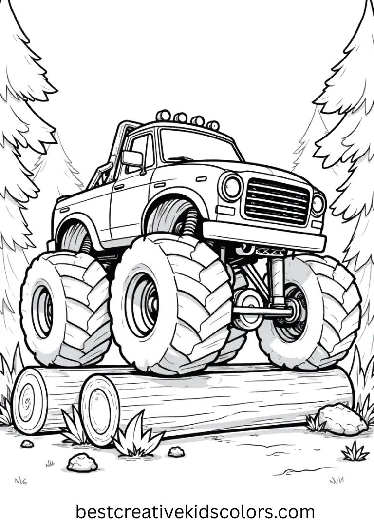 A strong truck rumbles over logs. Minimal scenery and bold outlines make it fun for young colorers.