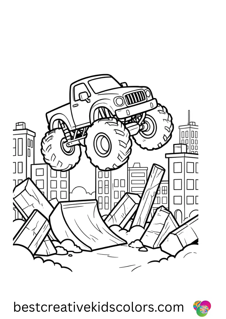 A strong truck powers over obstacles in a city. Clear outlines make coloring simple.