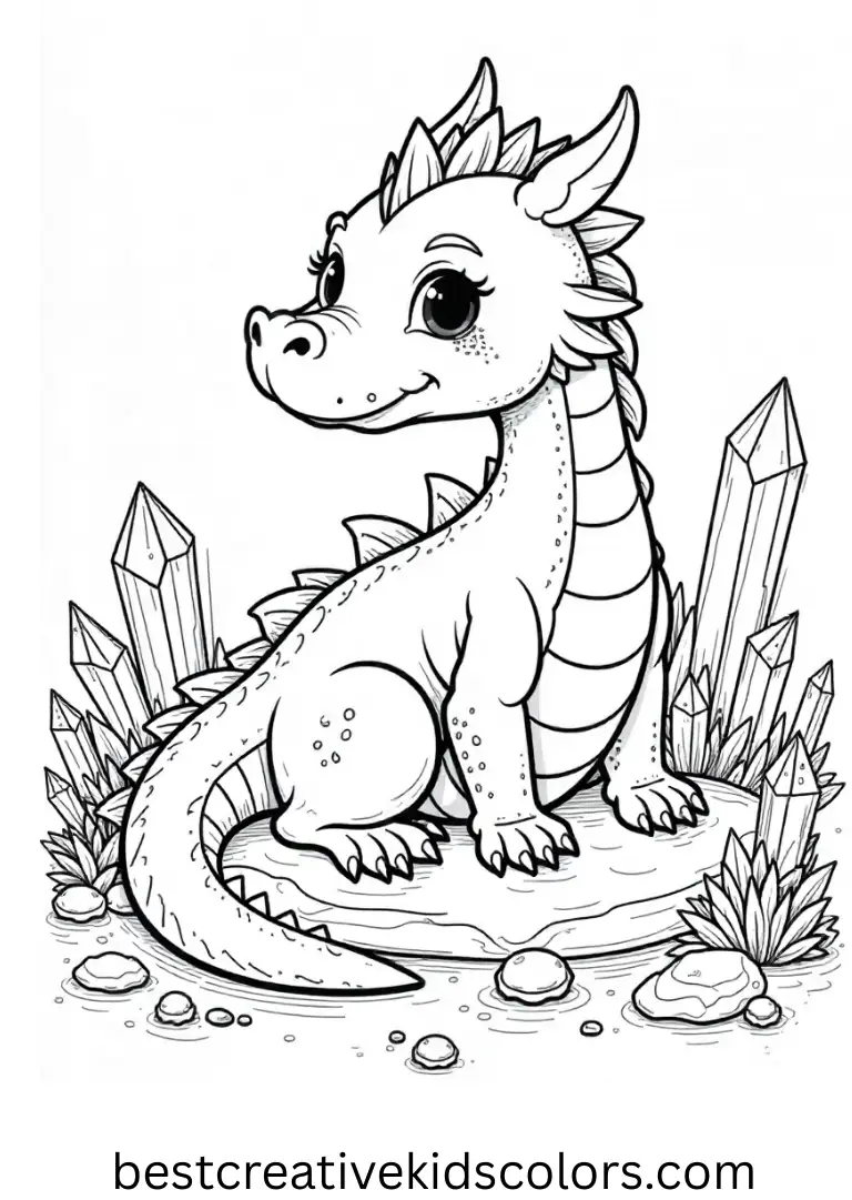 A sparkling dragon lounges amidst shimmering crystals and gems.