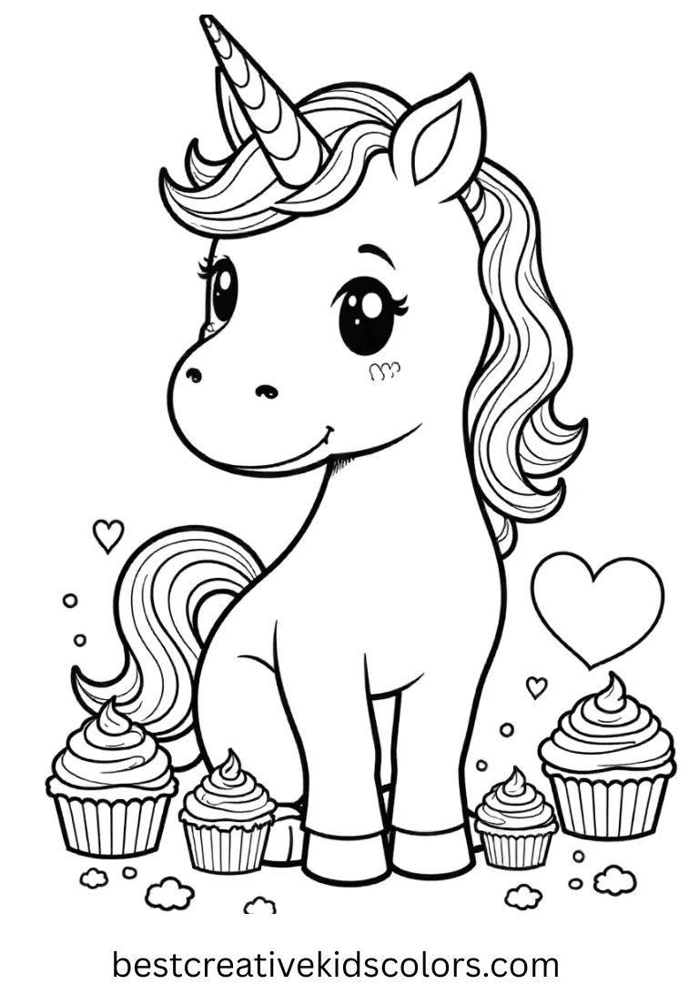 A unicorn celebrates with mini cupcakes around — a kid-friendly Unicorn Coloring Page with clear outlines.