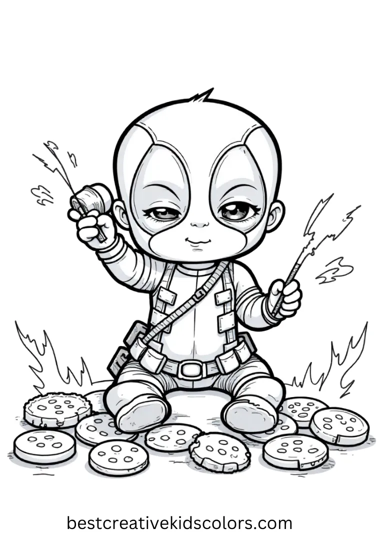 Deadpool munches on cookies with milk bottles lined up like ammo, ready for snack-time war.