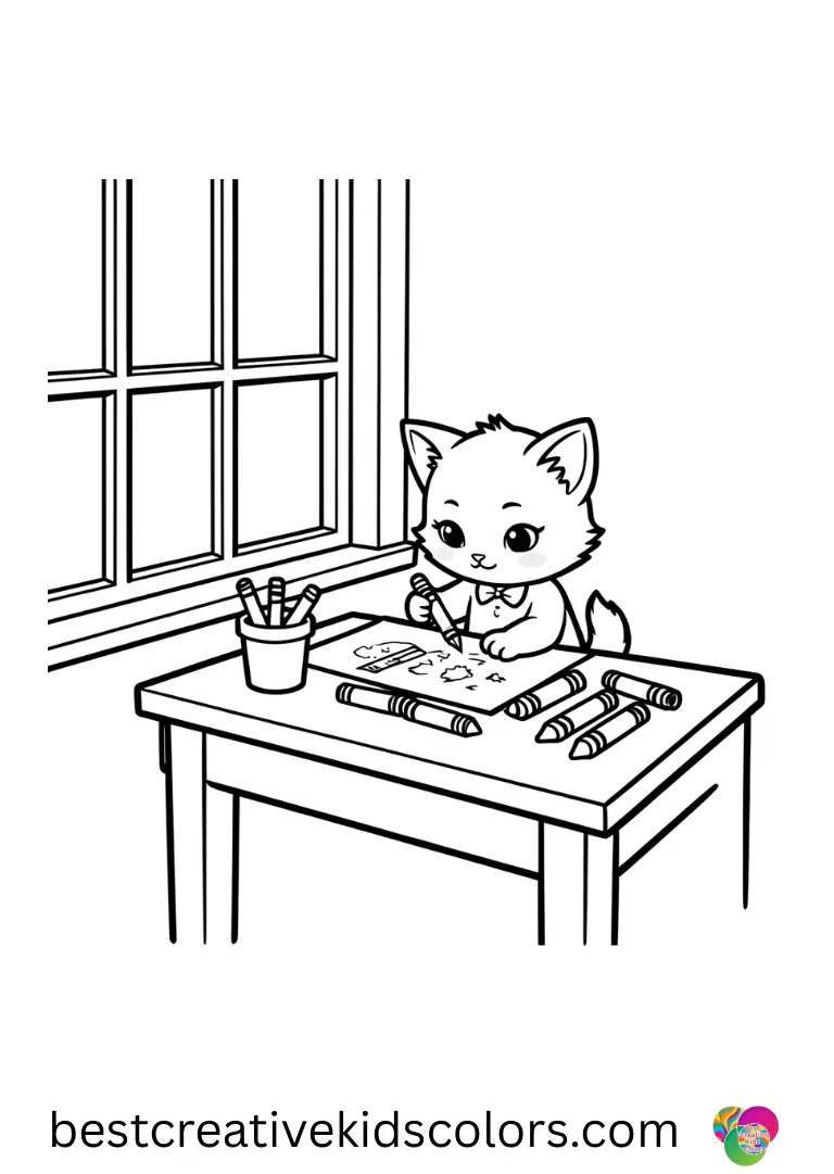A kitten sharpens crayons at a tidy desk in Cute Cat Coloring pages realistic by a sunny window.
