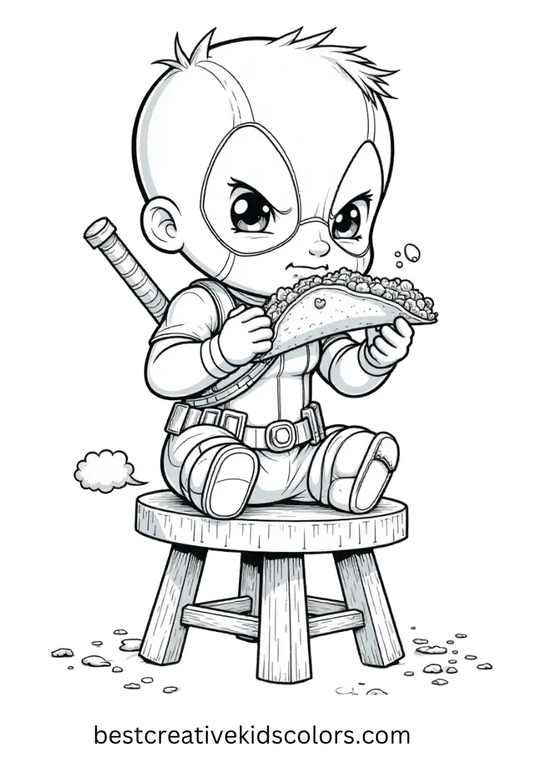  Add color to baby Deadpool sitting on a stool, munching on a taco with crumbs flying everywhere.