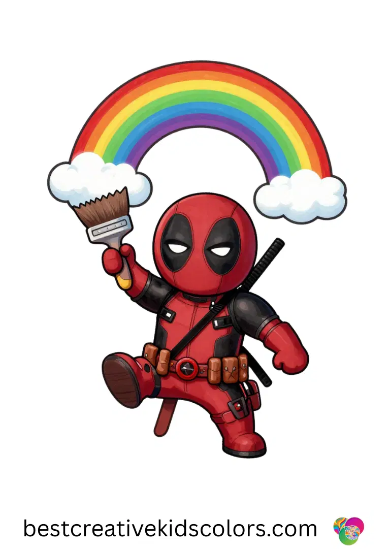 Cute Deadpool coloring pages feature him painting rainbows on clouds with a giant brush.