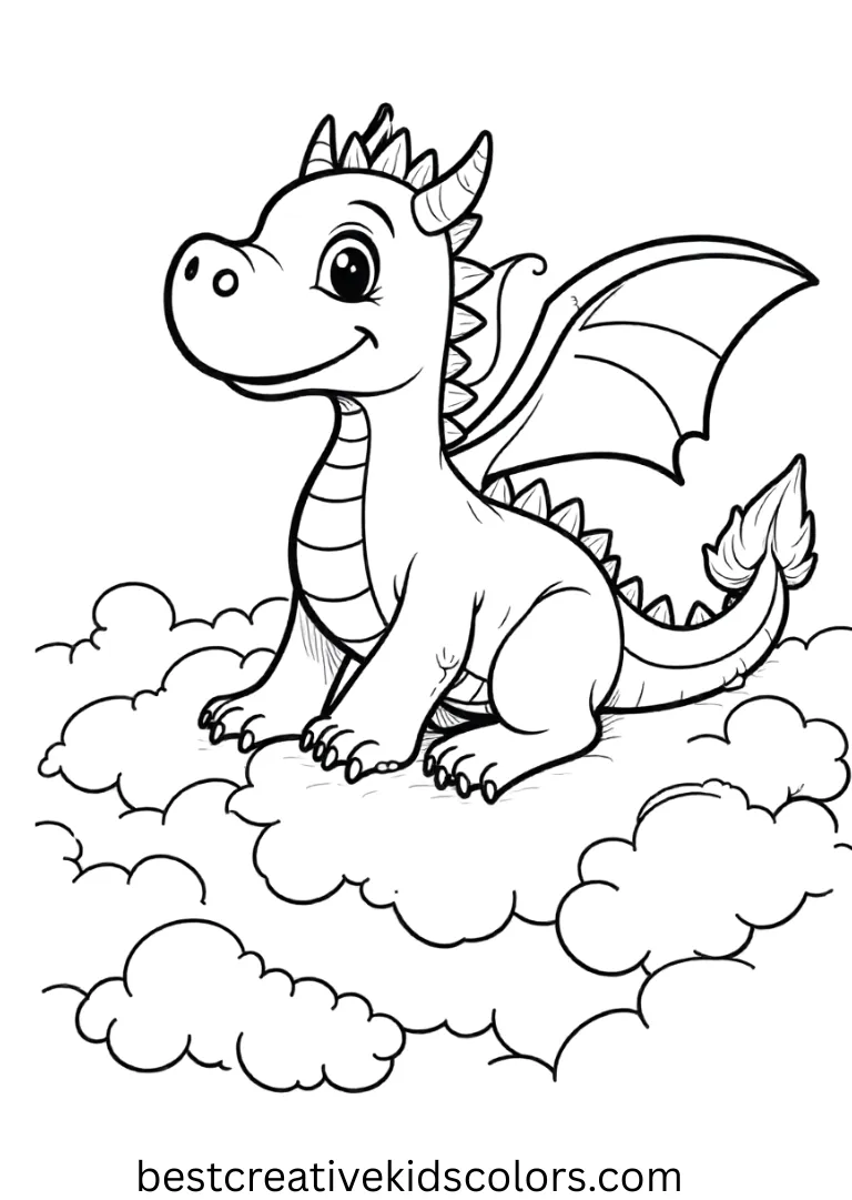 A happy dragon soars above rainbow clouds, looking joyful and free.