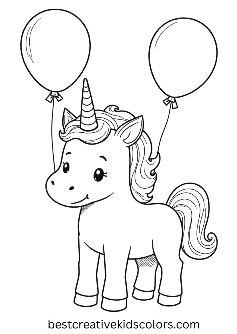 A unicorn holds floating balloons — bold outlines make it simple for preschoolers to color.