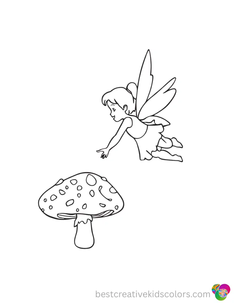 A fairy princess flying gently over a speckled toadstool.
