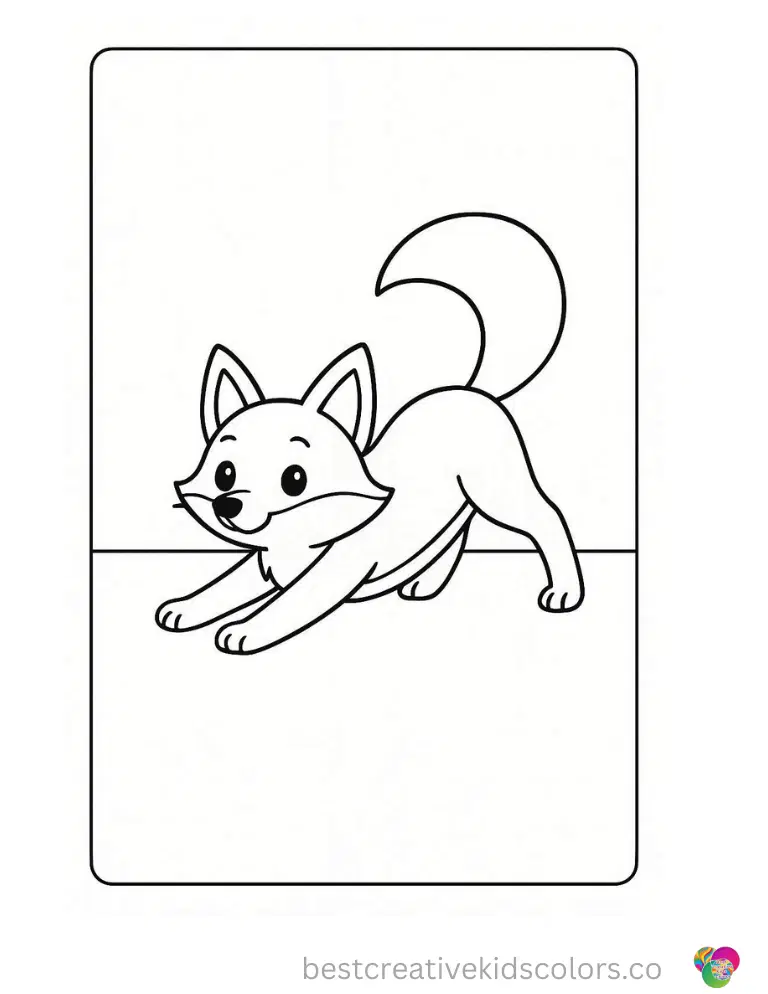 A cute fox stretching its back legs wide across an empty floor space.