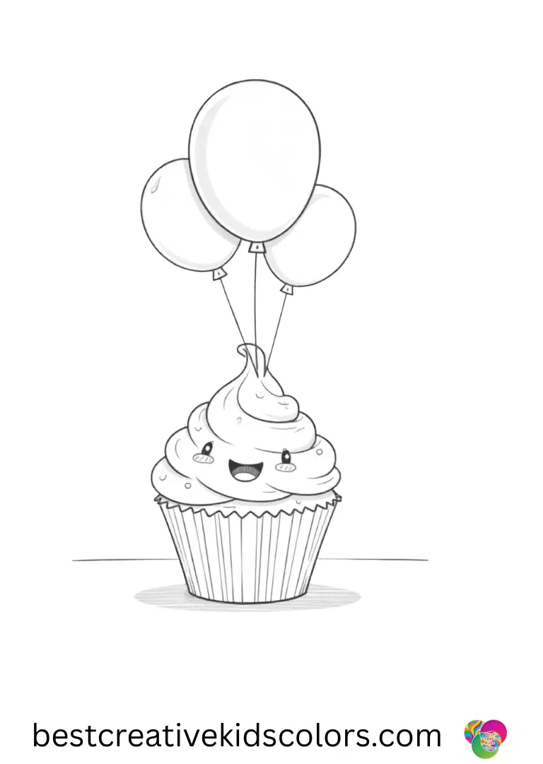 Cute Happy Birthday coloring pages Cute Happy Birthday coloring pages show a smiling cupcake juggling tiny balloons on a blank table