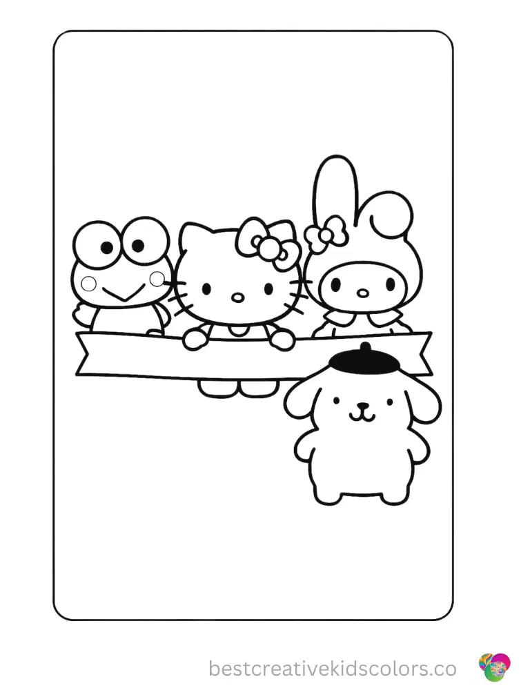 Hello Kitty and Friends stand side by side holding a long plain ribbon in empty space.