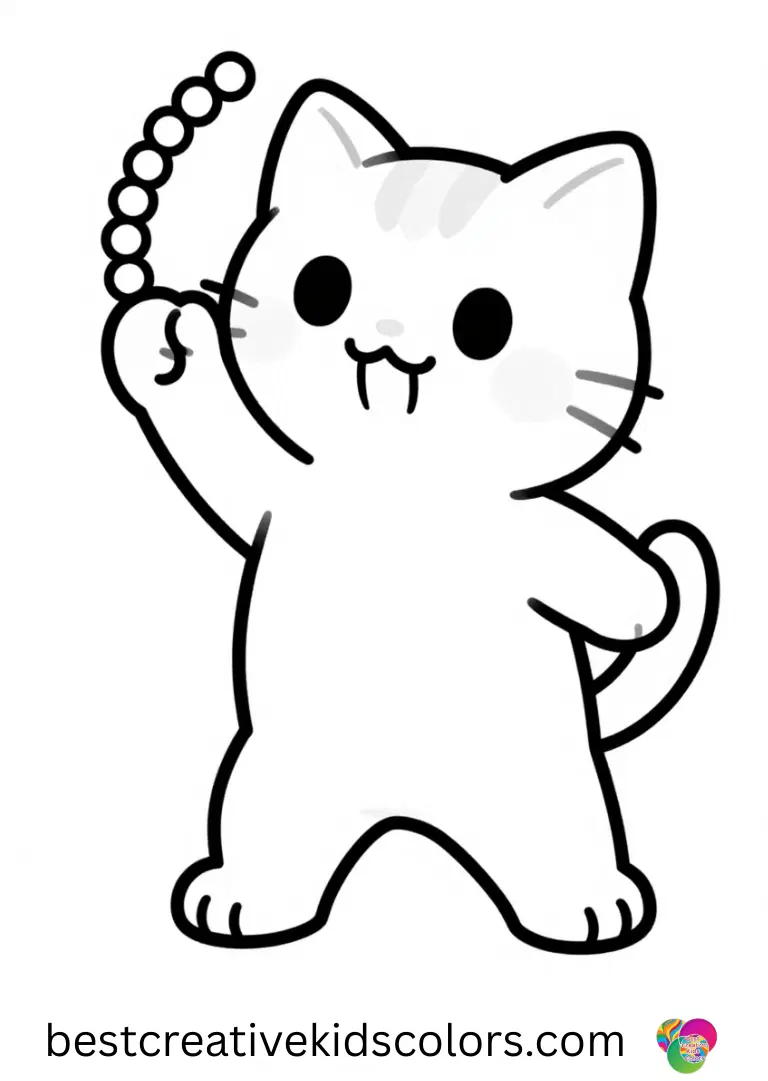 Cute Kitten free coloring pages has a kitten batting at a dangling string of colorful beads.