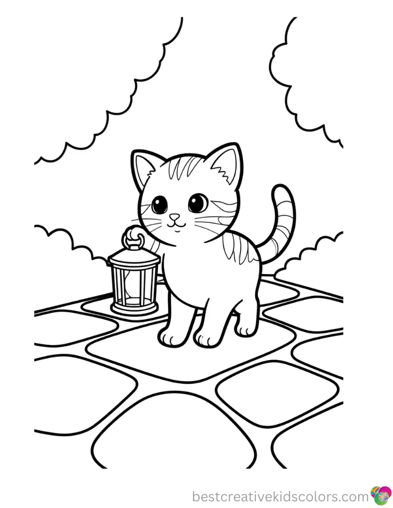 Cute Kitty printable Coloring Pages shows a kitten carrying a lantern along a stone path.