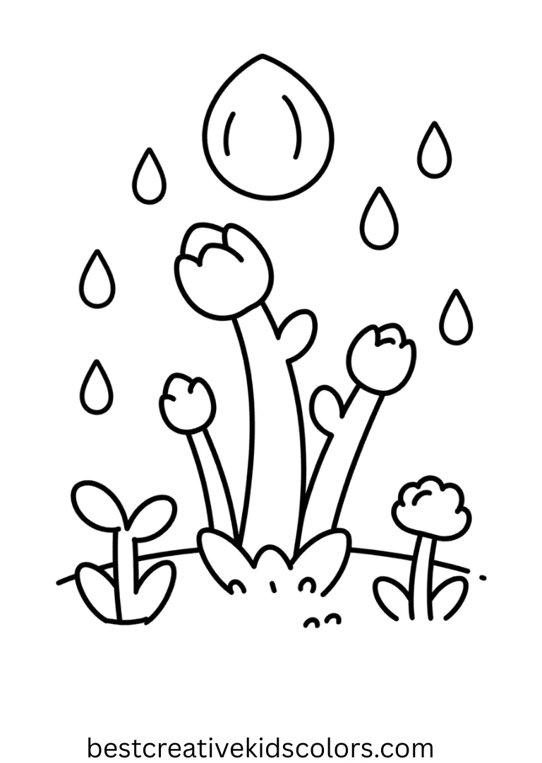 Cute March coloring pages features soft raindrops falling near sprouting buds in the field.