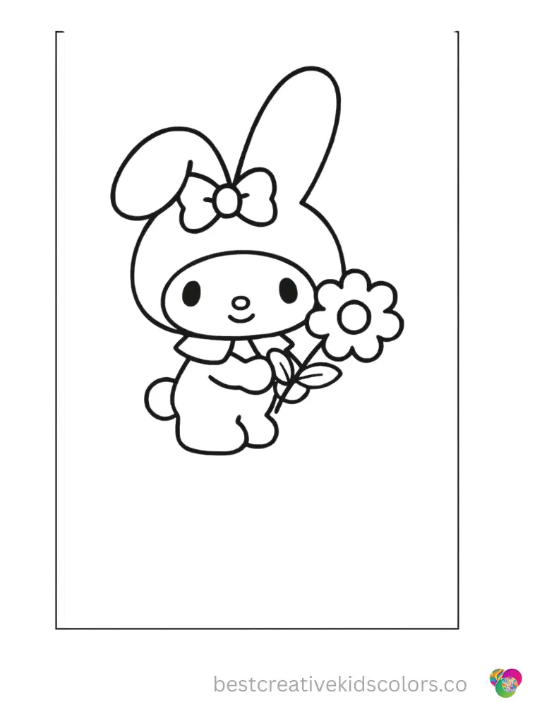 My Melody happily holds a beautiful blooming flower.