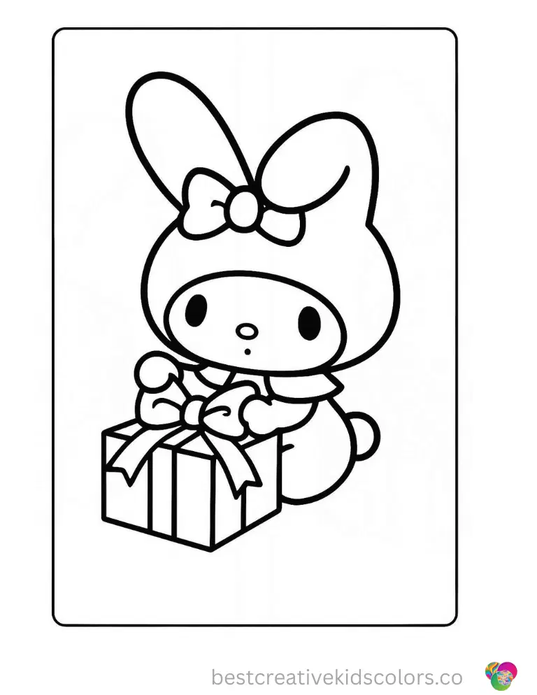 My Melody carefully ties a big bow on a present.
