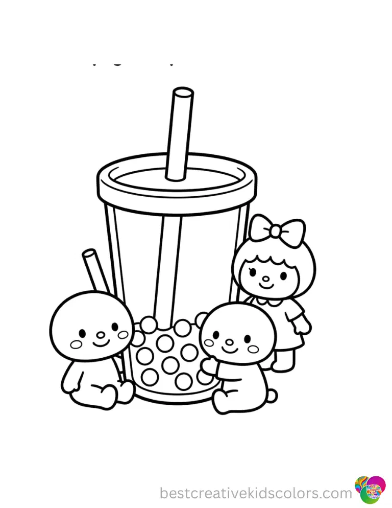 Sanrio characters happily sip sweet boba tea from a large cup.