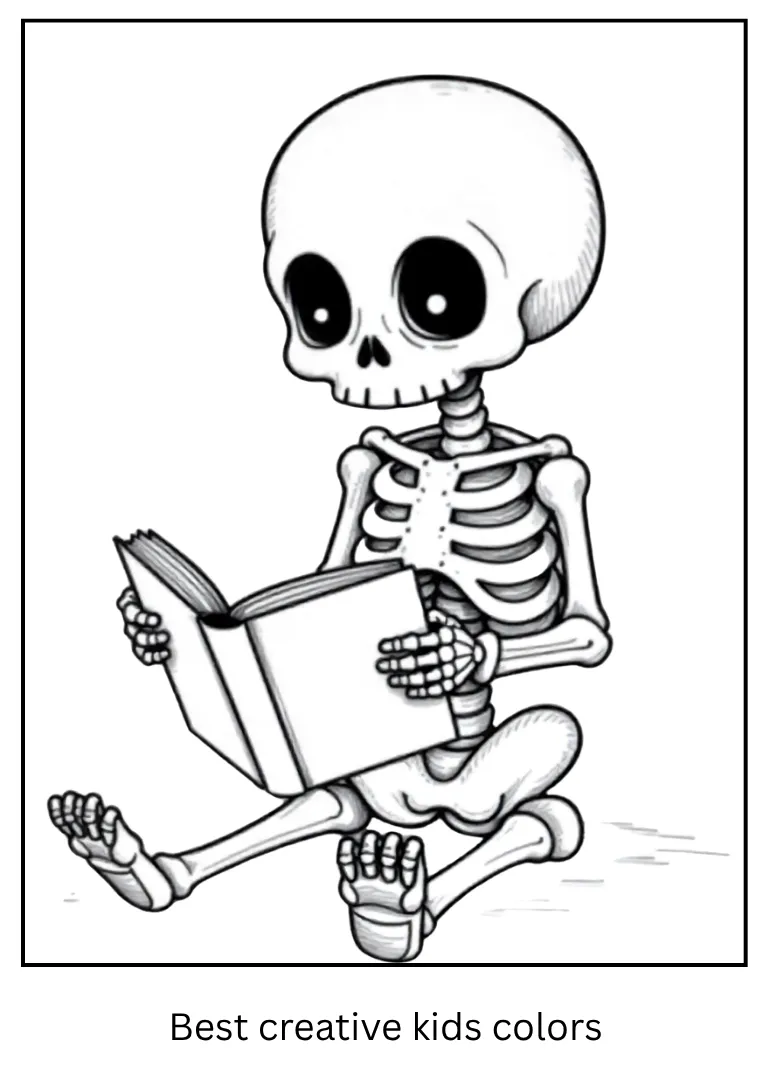 Cute Skeleton Reading Book Coloring Page