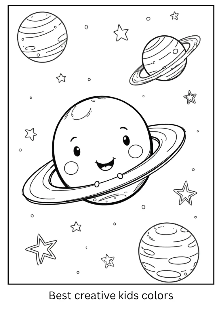 Cute Space Coloring Page with Smiling Planets