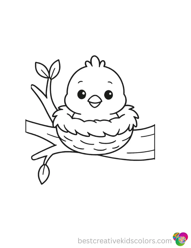 Cute Summer coloring pages shows a baby bird peeking from a small nest in a tree branch.