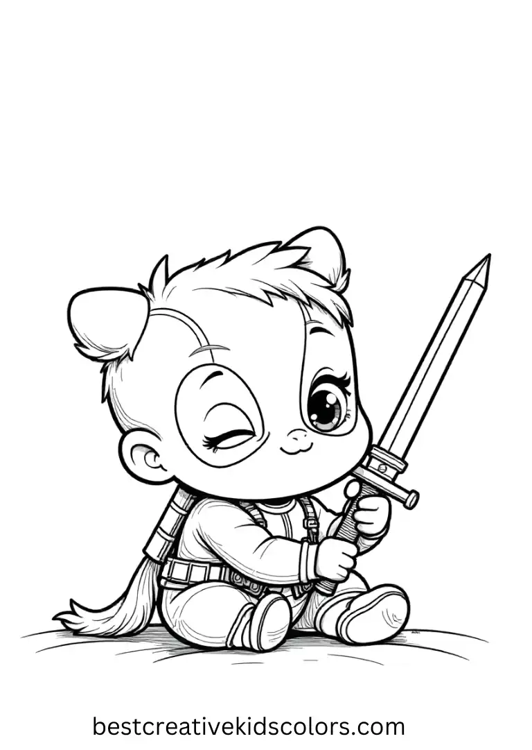 Baby Deadpool listens to a bedtime story about himself saving the day with his toy sword.