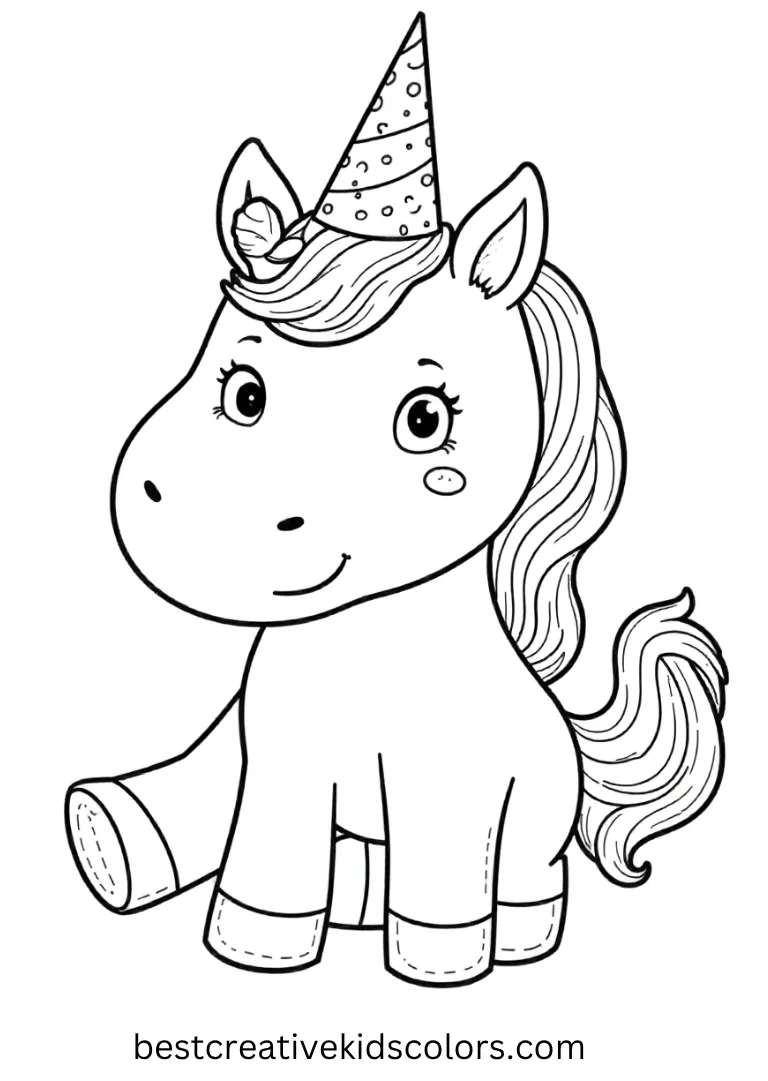 A happy unicorn wears a polka-dot party hat — this kawaii Unicorn Coloring Page is perfect for cheerful coloring fun.