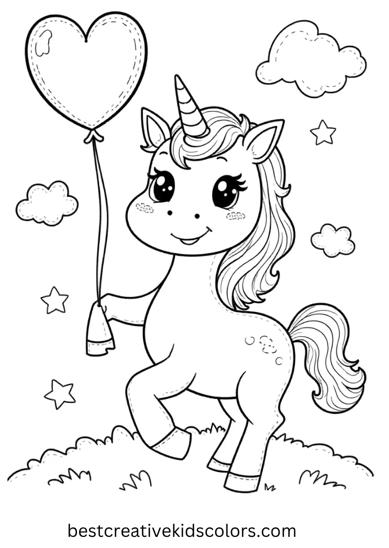 A kawaii unicorn holds floating heart balloons under a clear sky, smiling brightly in this easy-to-color Unicorn Coloring Page.