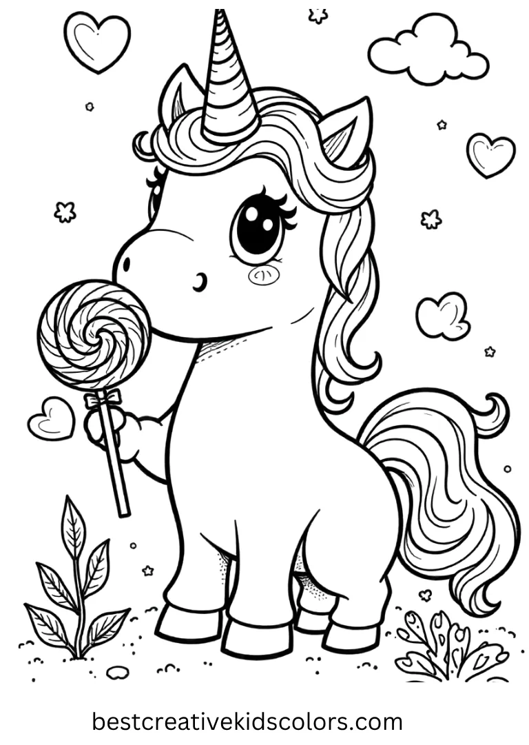 A kawaii unicorn enjoys colorful lollipops in a playful candy land — fun and easy Unicorn Coloring Pages for little artists.