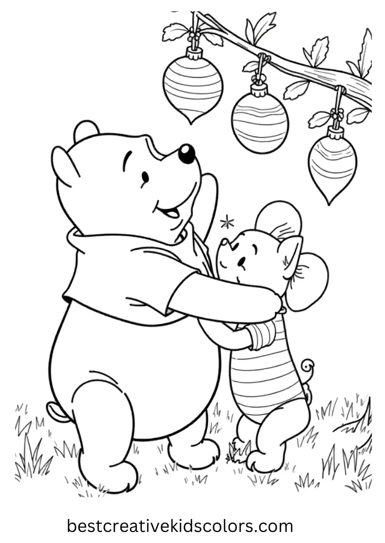 Cute Winnie the Pooh Coloring Pages – Pooh Hanging Ornaments with Piglet Pooh and Piglet decorate a small tree with colorful ornaments.