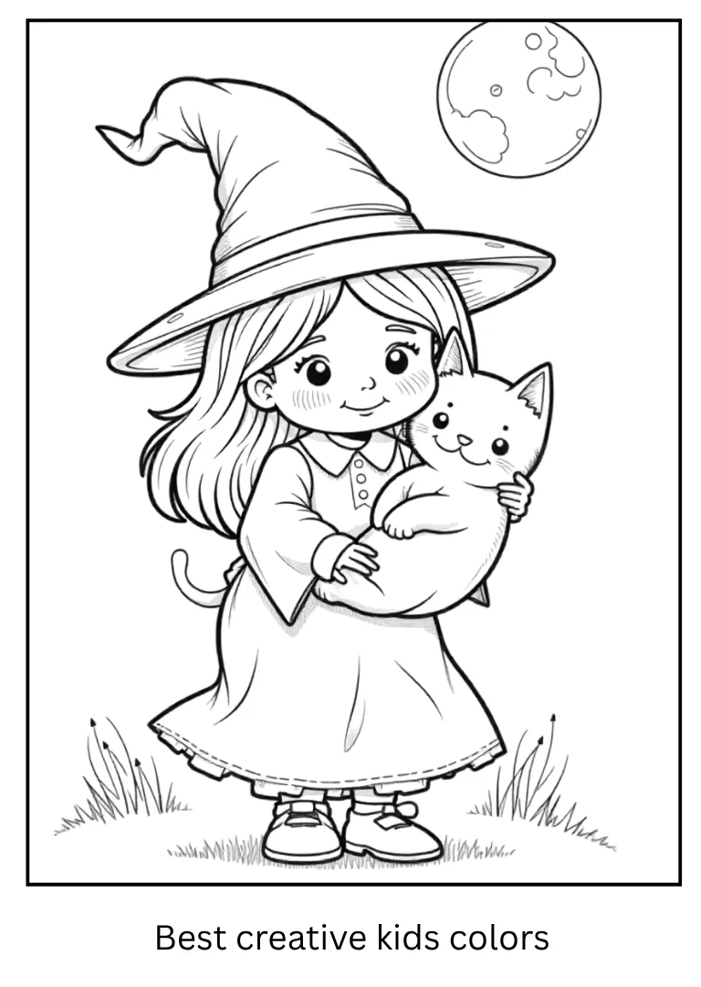 Cute Witch with Magic Cat Coloring Page