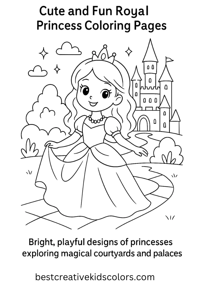 Bright, playful designs of princesses exploring magical courtyards and palaces.