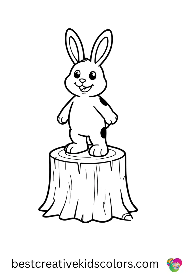 Cute bunny coloring pages captures a bunny balancing on a wooden stump under a bright sky.