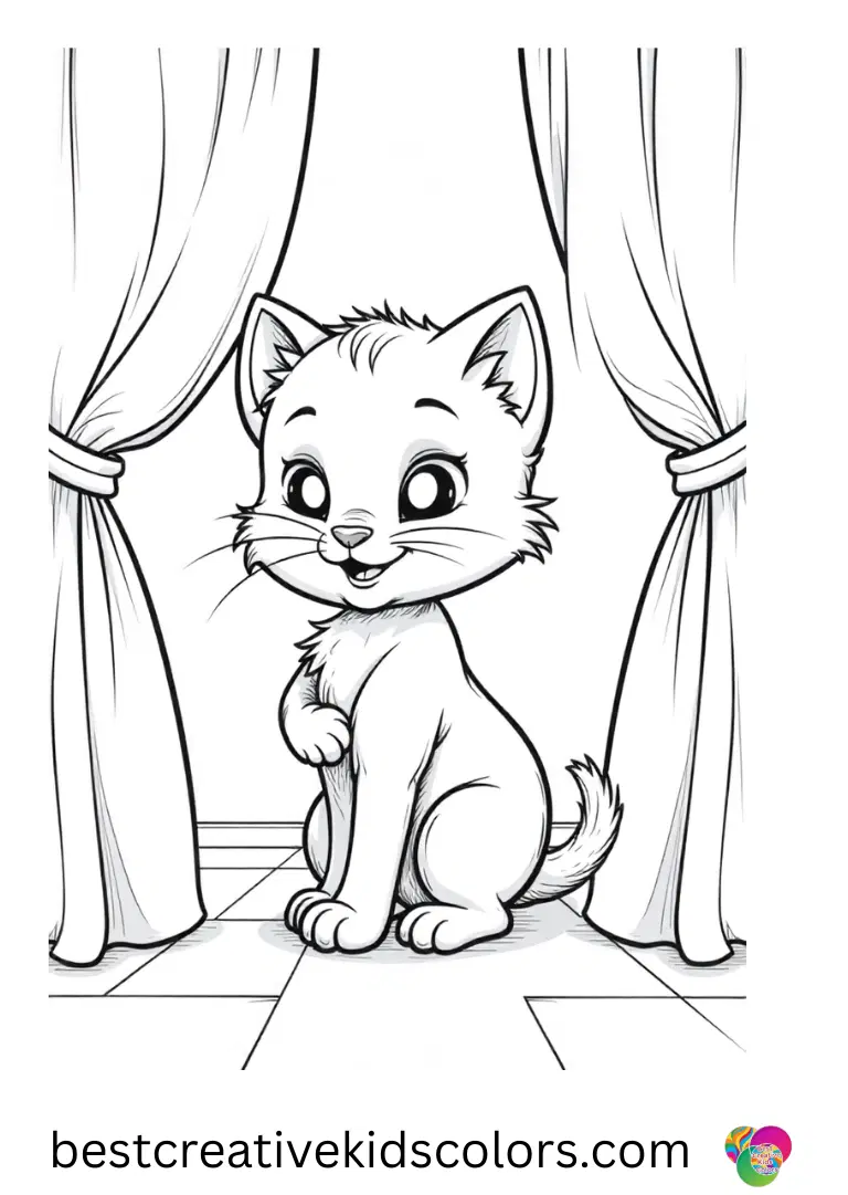A kitten bows on a tiny stage after spinning in Cute cat coloring page disney under bright lights.