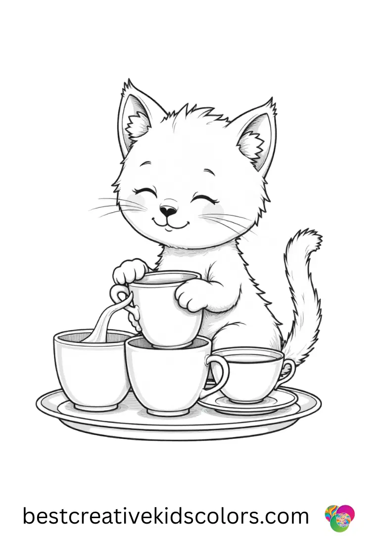 A calm kitten arranges tea cups on a tray in Cute cat coloring page for adults.