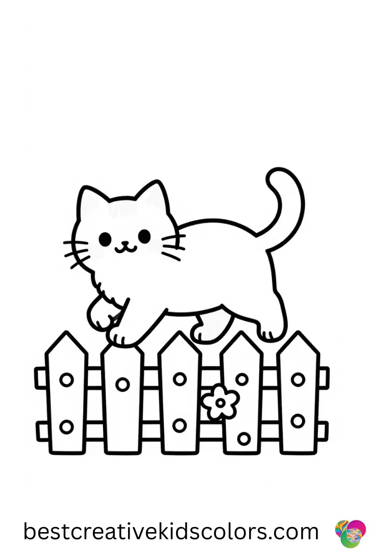 A fluffy cat tiptoes along a garden fence in Cute cat coloring page free beside blooming vines.