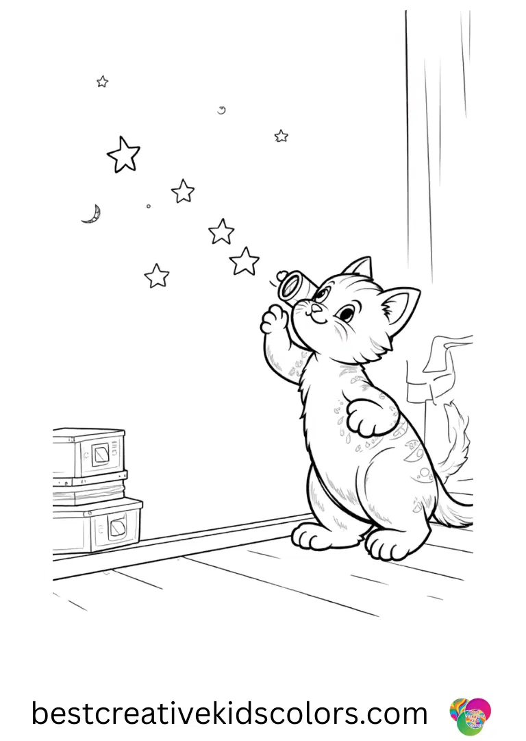 A curious cat studies stars through a telescope in Cute cat coloring page pdf indoors.