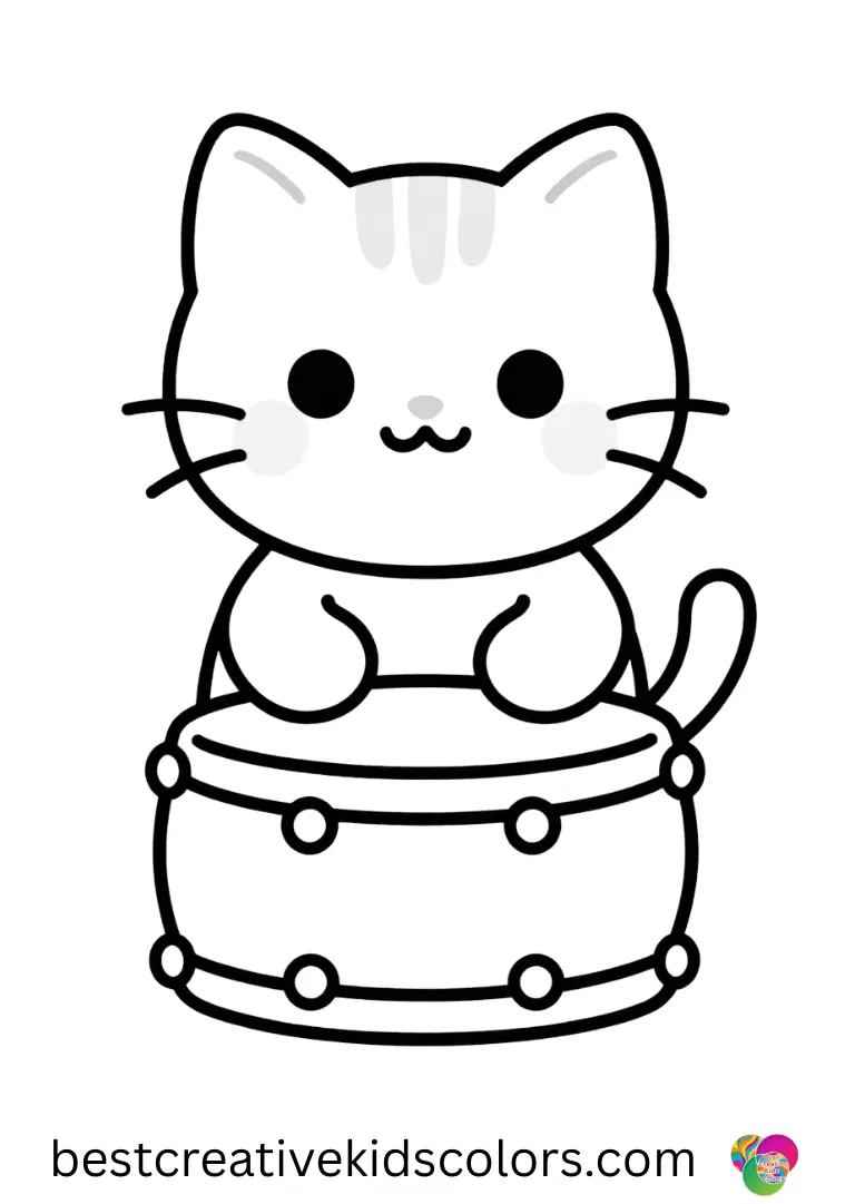 A tiny cat paints dotted circles on a toy drum in Cute cat coloring page printable.