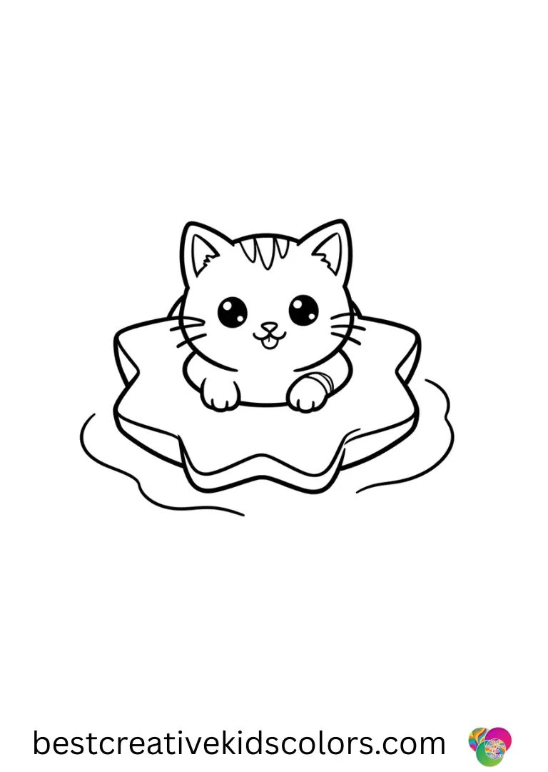 Cute cat coloring pages kawaii features a kitten floating in a star-shaped swim ring on water.