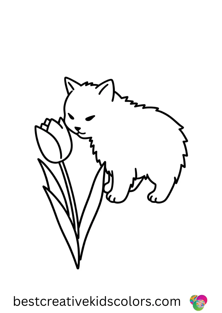 A fluffy cat leans forward to sniff a tulip bloom in Cute cat colour picture.