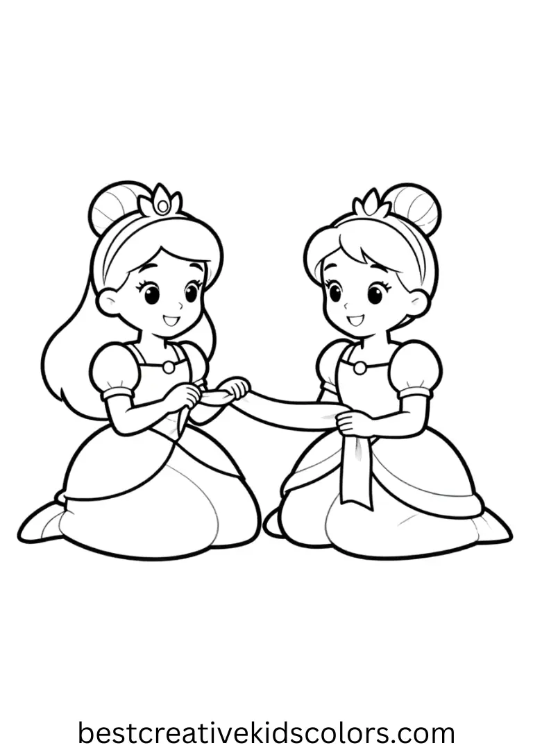 Cute coloring pages (free PDF) has princesses sorting colorful ribbons by length on the floor.