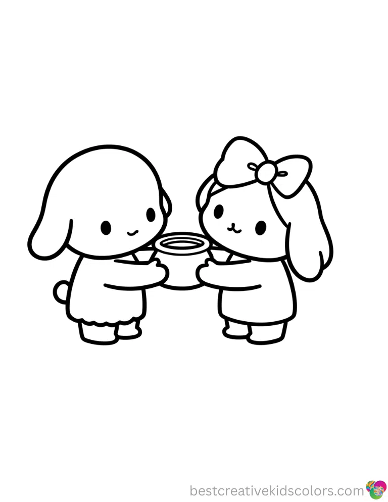 Sanrio characters carefully lift a small clay pot completely inside Cute coloring pages sanrio.