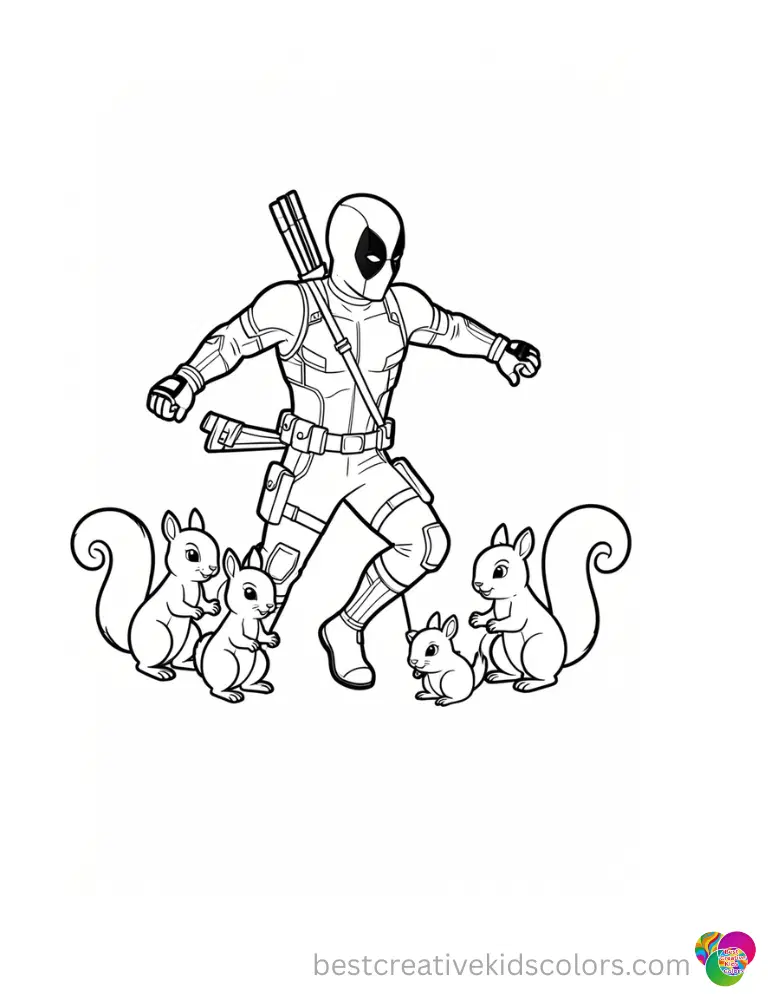 Deadpool plays hide-and-seek with a group of friendly squirrels in Cute deadpool coloring pages animals.