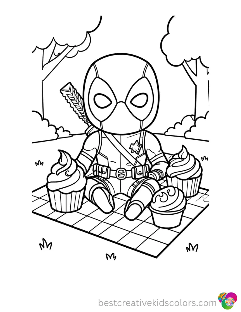 Deadpool enjoys a picnic with colorful cupcakes in Cute deadpool coloring pages easy.