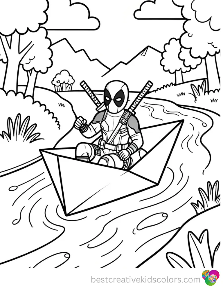 Deadpool sails a paper boat down a gentle stream in Cute deadpool coloring pages for adults.