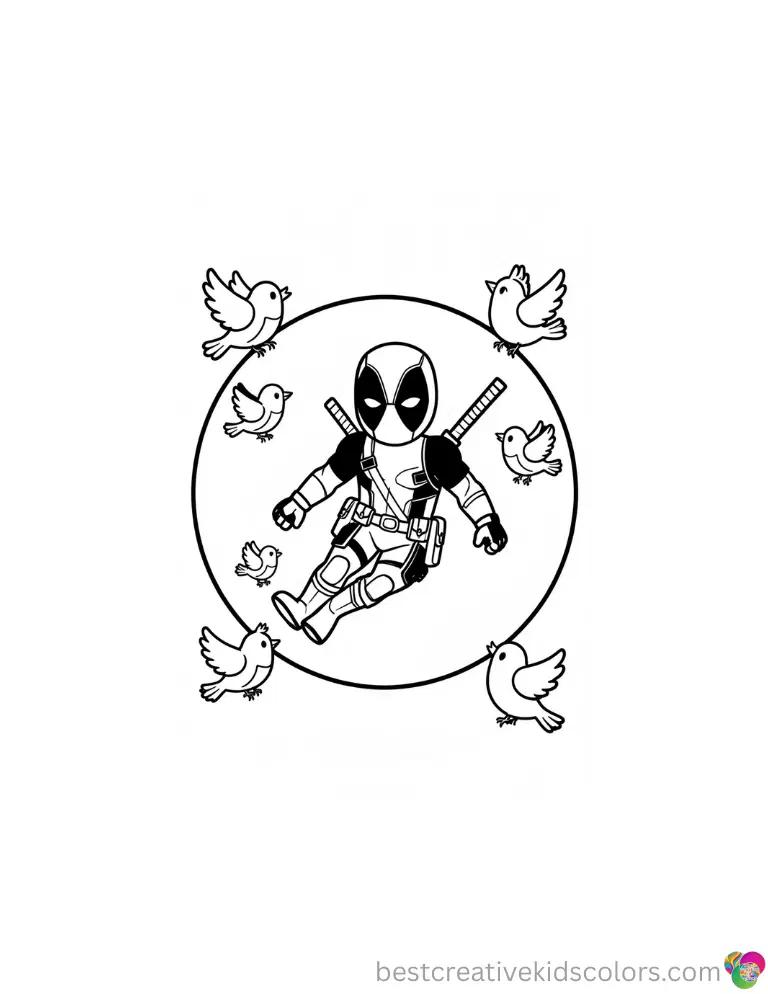 Deadpool floats in a bubble surrounded by birds in Cute deadpool coloring pages free.