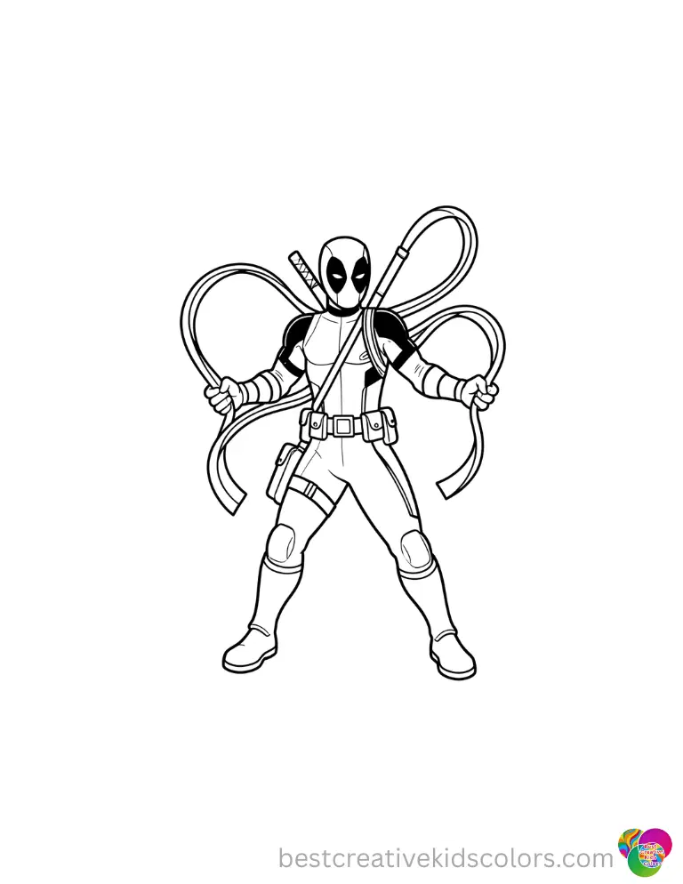 Deadpool twirls with ribbons in the park in Cute deadpool coloring pages pdf.