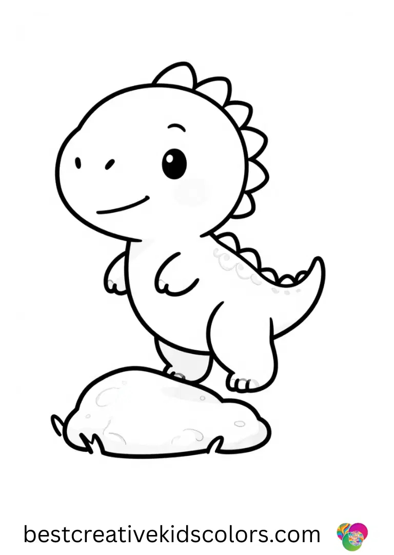 Cute dinosaur coloring page easy depicts a small dinosaur hopping over a tiny stone happily.