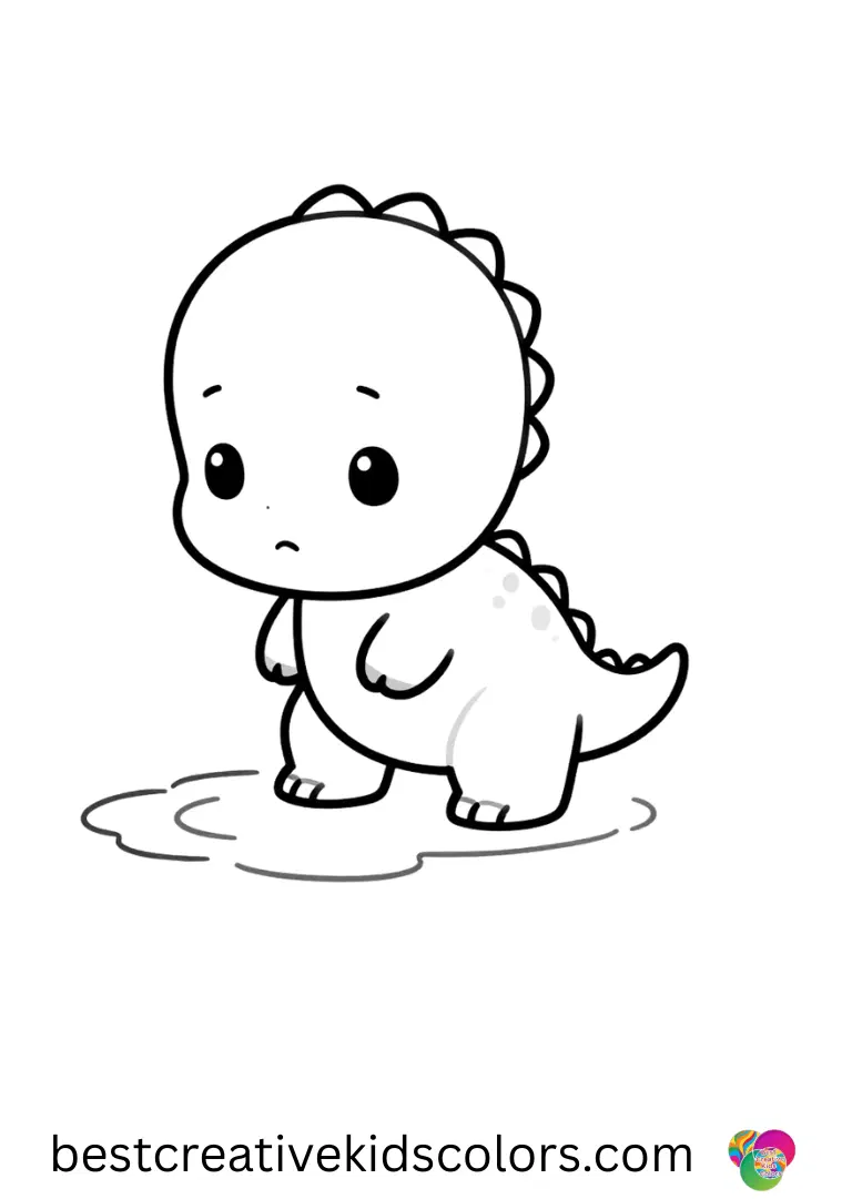 Cute dinosaur coloring page for kids shows a baby dinosaur peering into a tiny puddle reflection.