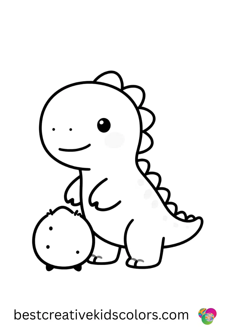 Cute dinosaur coloring page free features a tiny dinosaur pushing a soft seed puff gently.