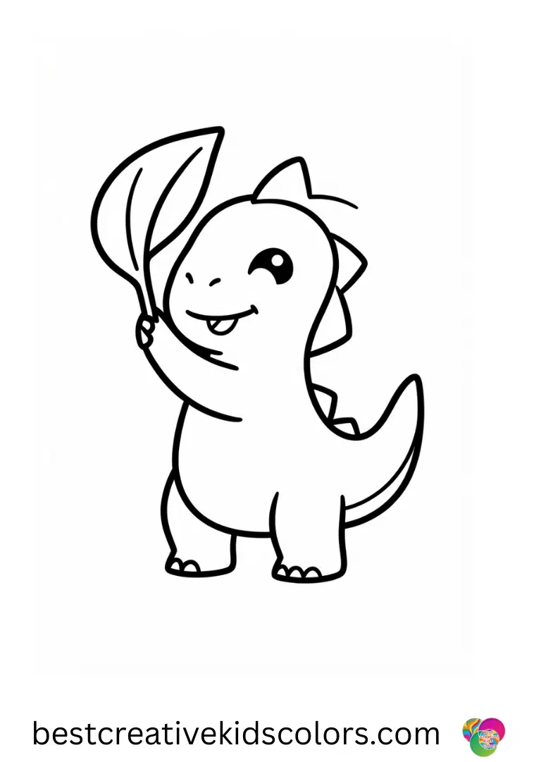 A little dinosaur lifts a curled leaf to examine it in Cute dinosaur coloring page pdf.