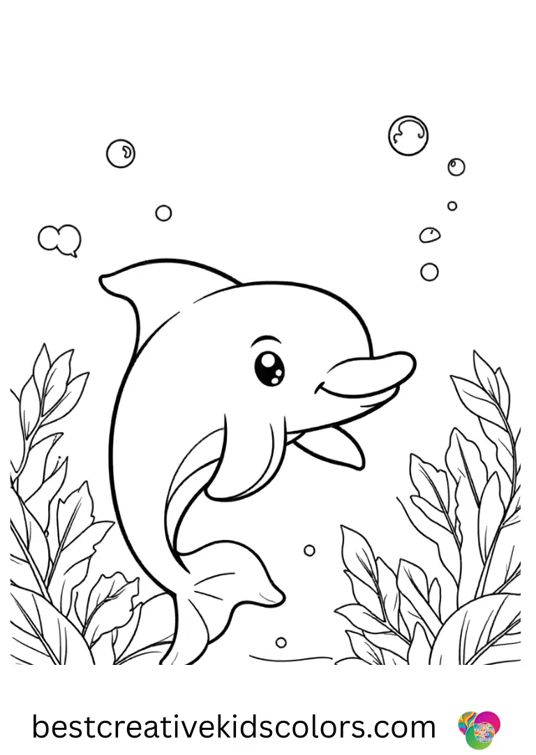 Cute dolphin dancing in colorful bubbles coloring page download shows a dolphin weaving between floating leaves.